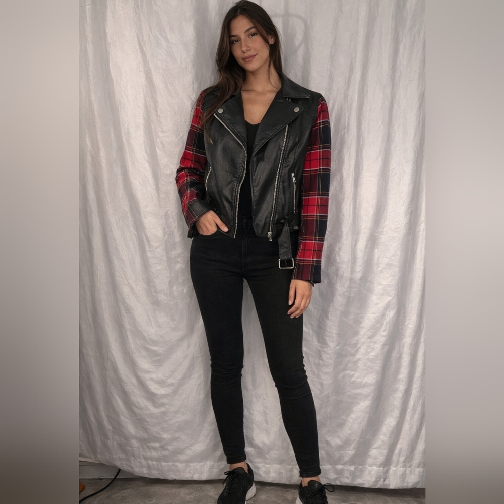 New Look Leather Jacket with Plaid Sleeves #207